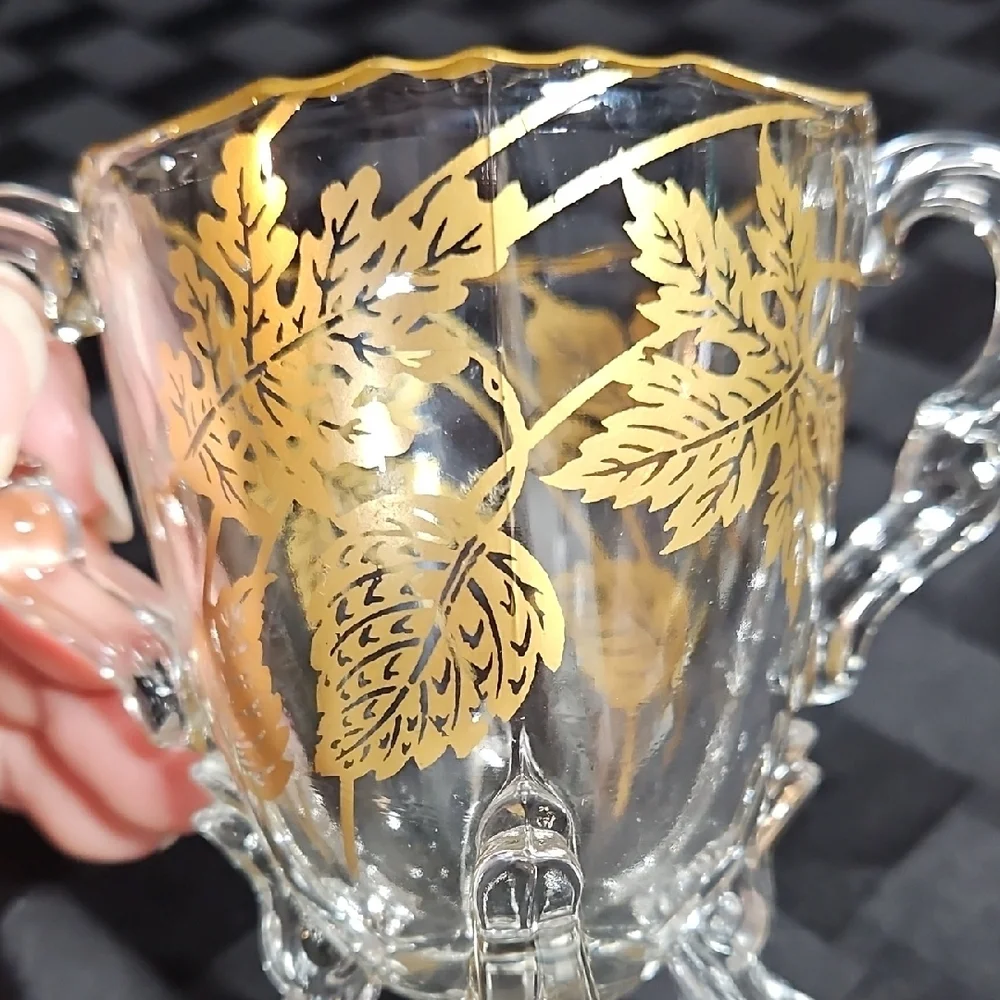 VTG Gold Overlay Rippled Rim and Leaf Motif Footed Creamer & Open Sugar